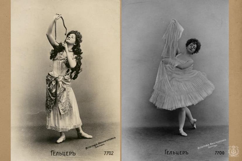 Чёрно-белая фотография сцены Царство теней из балета Баядерка с большим количеством балерин в белых пачках